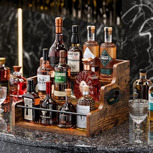 KLM Liquor Bottle Display Shelf, Coffee Syrup Rack Organizer, 3 Step Countertop Liquor Wine Rack, mini bar,liquor cabinet, Home Retro Bar Shelf Stand for Liquor Whiskey, Spirits thumbnail 2