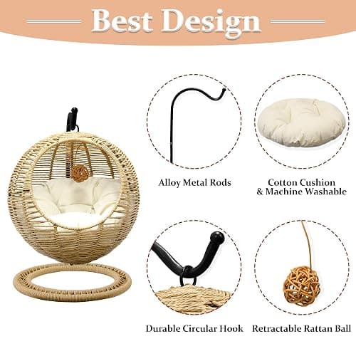 BROWN-BROWN Wicker Cat Bed Indoors & Outdoors, Hand Made Cat Swing Bed with Removable Cushion & Hanging Ball, Washable Pet Swing for Cat, Small Dog, Small Animals thumbnail 4