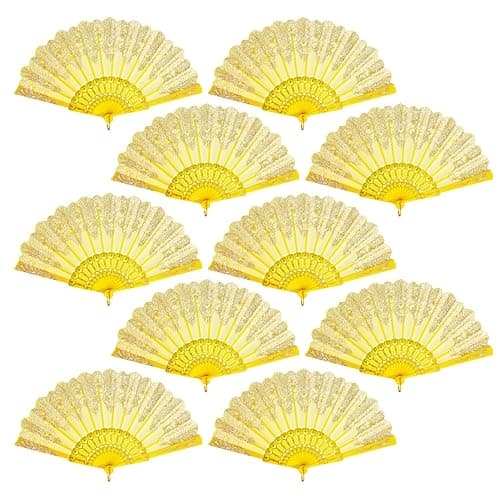 QIRMIZI 10 Pack Folding Handheld Fans,Silk Spanish Fan, Perfect for Weddings, Parties, and Dancing,Yellow - Image 1