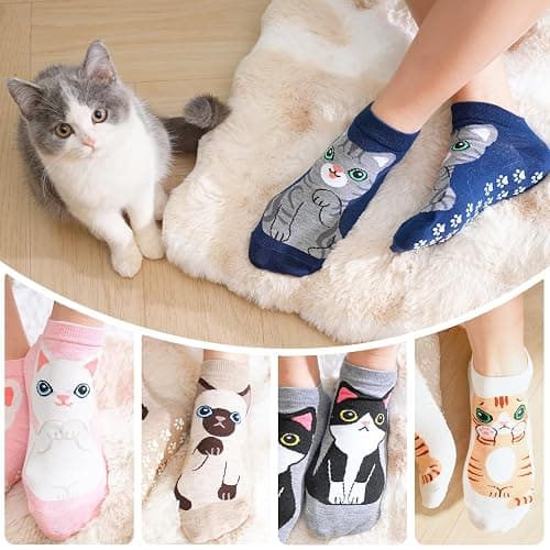 Non Slip Grippy Socks for Women Girls 5 Pack Cute Cat Grip Socks Pilates Slippers Footies for Yoga Barre Hospital thumbnail 8