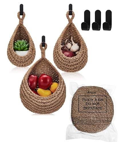 Honeydak Boho Decor Hanging Wall Baskets for Kitchen 3 Pack Teardrop Baskets with Hooks Storage Fruit Onion Vegetable Potato for Home 3 Sizes(Linen,Hemp Rope) thumbnail 7