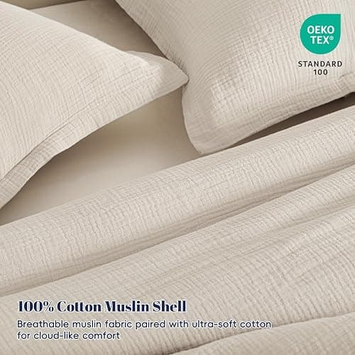 PHF Cotton Muslin Comforter Set King – 100% Cotton Cover, Ultra Soft & Breathable, 3PCS Lightweight All-Season Bedding with Polyester Fill, 1 Comforter 104"x90" & 2 Pillow Shams 20"x36", Natural thumbnail 3