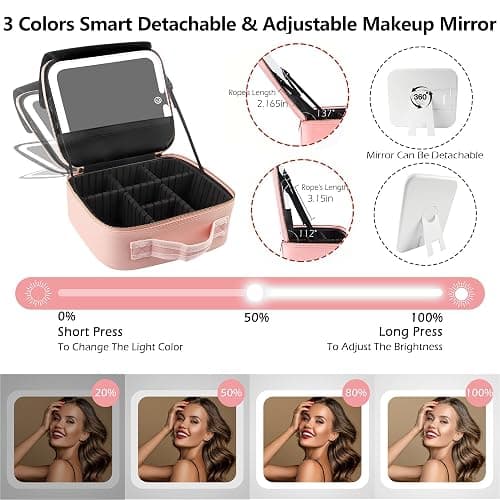 MOMIRA Travel Makeup Bag Cosmetic Bag with Lighted Mirror, Adjustable Brightness in 3 Color Scenarios, Waterproof, 10x Magnifying Mirror, Rotatable Independent Light Mirror- Pink(Solid) thumbnail 5