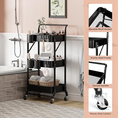 3 Tier Foldable Rolling Cart with Wheels, Folding Utility Cart Organizer, Collapsible Rolling Storage Cart with 3 Hanging Cups & 6 Hooks for Kitchen, Office, Nursery(Black) thumbnail 7