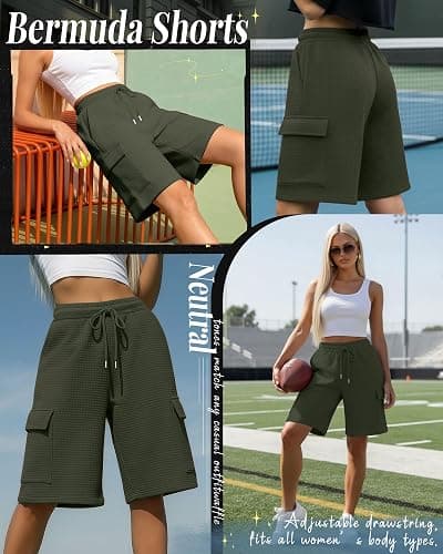 JoyMotion Women's Waffle Cargo Bermuda Shorts | Knee Length Sweatshorts, Wide Leg Shorts, with Elastic Waist Pocket, Casual Summer Clothes, Workout Lounge, Breathable Fabric thumbnail 4