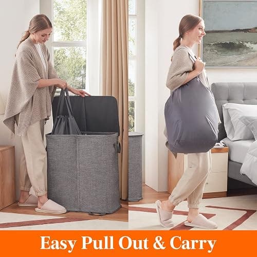 Lifewit Double Laundry Hamper with Lid and Removable Laundry Bags, Large Collapsible 2 Dividers Dirty Clothes Basket with Handles for Bedroom, Laundry Room, Closet, Bathroom, College, 136L Gray thumbnail 6