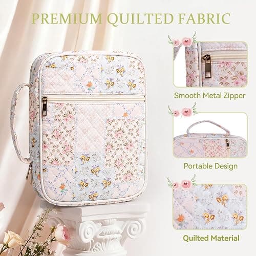 KOUDGY Bible Cover Case for Women Large Quilted Bible Carrying Bag with Handles Bible Study Supplies & Accessories Christian Gifts for Women(Spliced Flower, M) thumbnail 3