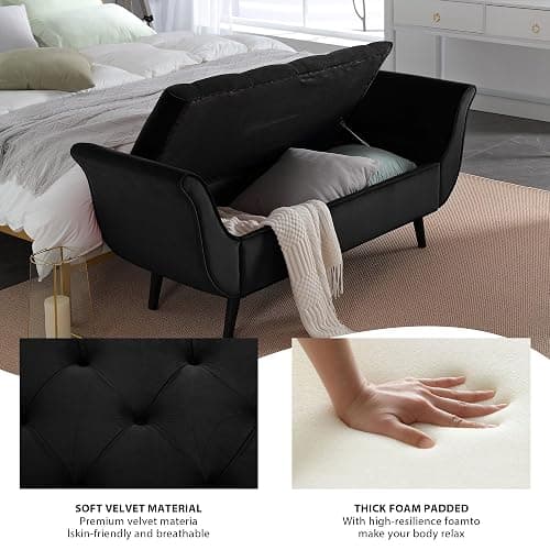 Hdxdkog Storage Bench for Bedroom End of Bed, 65" Velvet Upholstered Rolled Armed Button Tufted Stool Bench, Storage Ottoman Long Bench with with 2 Pillows for Entryway (Black) thumbnail 4