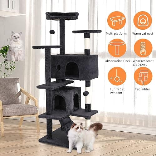 BestPet | 54" Cat Tree Tower | Dark Gray | Sturdy, Easy to Assemble, Multi-Level Activity Center with Sisal Scratching Posts, Condos, Perches, Hanging Cat Toys, Observation Decks & Ladder thumbnail 5