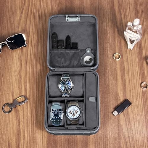 KAMIER Watch Case with Combination Lock - 4 Watch Storage and Jewelry Organizer - Watch Travel Case for Ring and Watch Storage, PU Leather Travel Watch Case, Ideal for Gift (With Gift Box), Grey thumbnail 2