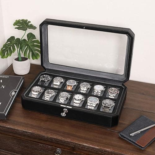 ROTHWELL 12 Slot Leather Watch Box for Men - Luxury Case Display Jewelry Organizer with Microsuede Liner - Travel Jewelry Case for Mens Accessories, Travel Organizer (Black & Grey) thumbnail 4