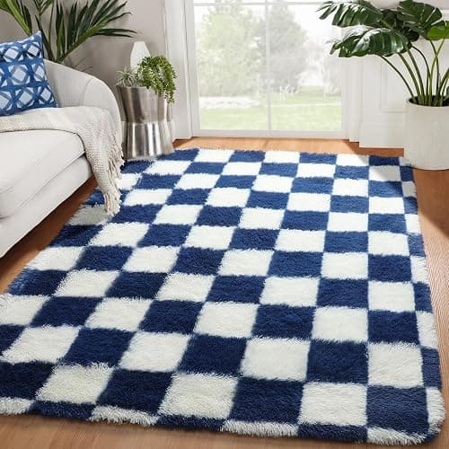 KICMOR Navy Blue and Cream White Rugs for Living Room, 4x6 Fluffy Fuzzy Shag Checkered Rug Shaggy Carpet for Bedroom, Soft Plush Area Rug for Nursery Toddler Room Classroom Study Room Kids Room thumbnail 9
