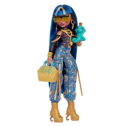 Monster High Doll, Cleo De Nile in Crop Top and Golden Denim Cargo Pants with Pet Snake Hissette and 7 Accessories Like Salad, Smoothie and Purse thumbnail 5