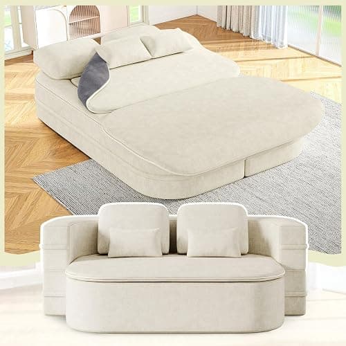 Antetek Convertible Sleeper Sofa, Modern Folding Futon Chenille Floor Foam Compression Loveseat Sofa Bed Couch, Foldable Full-Size Guest Bed with 4 Pillows for Living Room Bedroom Apartment, Beige - Image 1