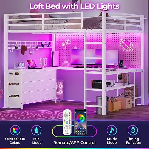 ADORNEVE Loft Bed Full Size with U-Shaped Desk, 6 Storage Drawers, Power Outlet, LED Metal Loft Bed with 2 Storage Shelves, Bed with Safety Guardrail & Ladders,Space-Saving,White thumbnail 4