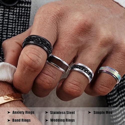 Besteel 16Pcs Stainless Steel Fidget Rings for Men Women Stress Anxiety Relief Rings Black Cool Chain Band Spinner Rings Set for Wedding Promise Mens Rings Pack thumbnail 2