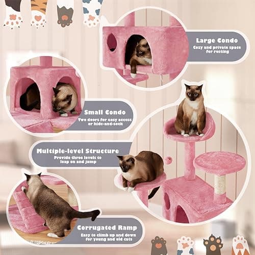 Yaheetech 54in Cat Tree Tower, Multi-Level Cat Tree for Indoor Cats with Scratching Posts, Dangling Balls Cat Play House, Pink thumbnail 8