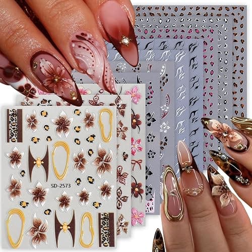 Leopard Print Nail Art Stickers 10 Sheets Fall Nail Decals with Cheetah Animal Skin 3D 5D Embossed Self-Adhesive Hibiscus Flower Designs Manicure Decorations Nail Art Supplies for Women Girls - Image 1