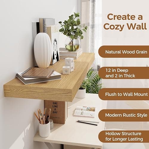 Floating Shelves 36 Inch Long, 12 Inch Deep Floating Shelves for Wall, 36 x 12 Shelves for Wall Storage & Display, 2" Thick Floating Shelf for Bathroom, Living Room, Bedroom, Oak Color, Set of 1 thumbnail 5