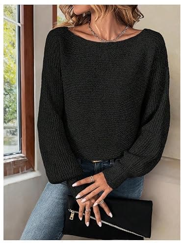 RoseSeek Women's Off Shoulder Lace Up Open Back Sweaters Long Sleeve Loose Pullovers Casual Knit Fall Tops thumbnail 2