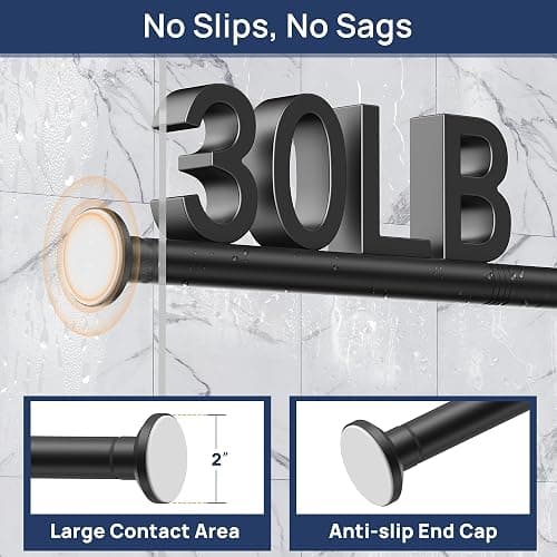 Matte Black Shower Curtain Rod Tension 30 to 76 Inches Never Rust Non-Slip Spring Tension Shower Rod No Drilling Stainless Steel Curtain Pole Use Bathroom, Closet, Window, Room Divider thumbnail 4