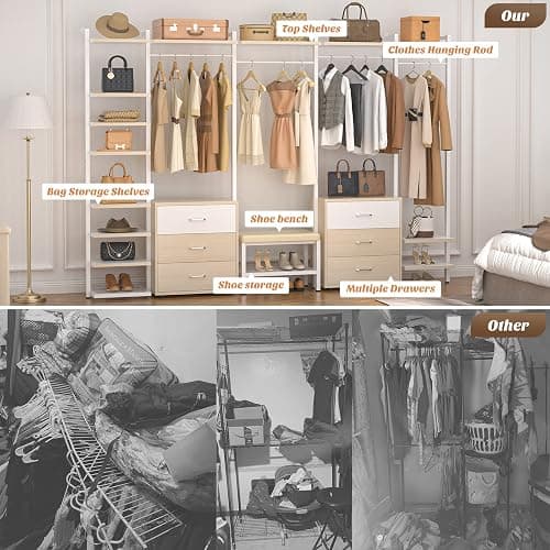 Aheaplus 8FT Closet Organizer Systems with 6-Drawers, 96'' Wood Closet Organizer with Storage for Walk in Closets, Clothing Rack Wardrobe Closet Garment Rack for Hanging Clothes, Bedroom, White Oak thumbnail 6