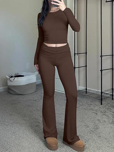 ANRABESS Women 2 Piece Outfits Fall Lounge Sets Long Sleeve Cropped Top Fold Over Flare Pants Comfy Pajamas Set Y2K Clothes thumbnail 6
