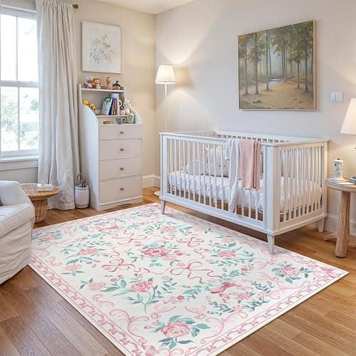 Collive Pink Rugs for Bedroom Girls, 4x6 Floral Washable Area Rug Non Slip, Soft Indoor Decor Elegant Carpet for Kids Room Nursery Living Room Dining Room (Pink 4' x 6') - Pink / Multi - 4' x 6' (Rectangular) thumbnail 2