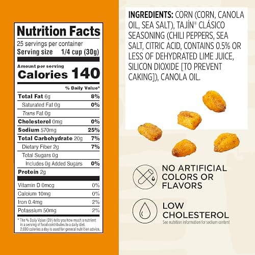 Snak Club Tajin Toasted Corn, Roasted Corn Nuggets with Chili and Lime Seasoning, Mild, Non-GMO, Gluten-Free, Kosher Snack, No Artificial Colors or Flavors, Low Cholesterol, 26 oz Resealable Bag thumbnail 2