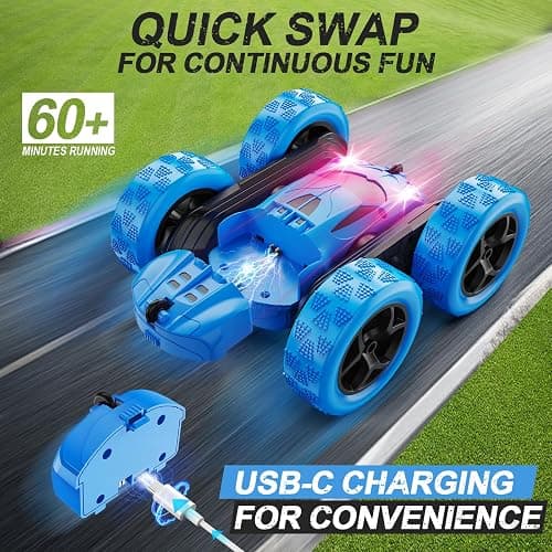 QUNREDA Remote Control Car, RC Cars Toys for Kids Ages 6-12, 4WD Stunt Car with LED Lights & 360° Flips, 2.4GHz, Upgraded USB-C Modular Batteries, 8-10 Year Old Boys Birthday Gift 1-Blue thumbnail 2