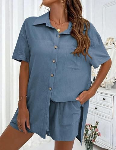 QIBABU Women's Linen Shorts Sets 2 Piece Summer Short Sleeve Top and Shorts Sweatsuit Set Vacation Beach Outfits thumbnail 4