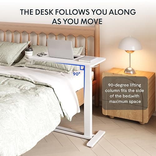 FLEXISPOT H7 Adjustable Overbed Bedside Table with Wheels Pneumatic Mobile Standing Desk Laptop Desk Rolling Computer Cart Movable Overbed Table Hospital Home Use(27.6" W x 15.7" D, White) thumbnail 5