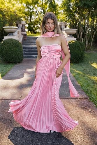 Women Bridesmaid Dress with Scarf Strapless Pleated Satin Flowy Formal Evening Gown Maxi Dresses thumbnail 3