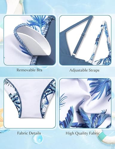 Girls Swimsuit, Bathing Suits 3 Piece Tropical Floral Twist Cross Bikini Sets Girls' Swimwear with Cover Up Skirt 7-16T - 7-8 - Grey Blue Palm thumbnail 5