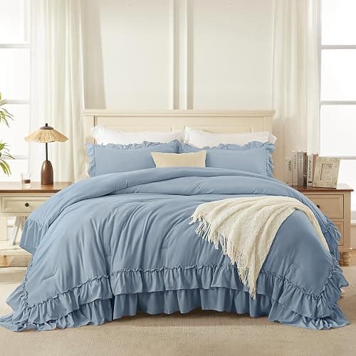 Andency Grayish Blue Comforter Set King Size, 3 Pieces Fluffy Shabby Chic Ruffle Comforter Set for Men, Women, Adults, Soft Lightweight All Season Polyester Bed Sets(104x90Inch) thumbnail 3