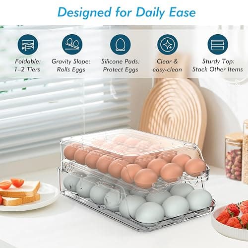 GleeNflux Egg Holder for Fridge, Foldable Automatic Rolling Egg Container for Refrigerator, Stackable Large-Capacity Egg Organizer Tray, Durable Clear Plastic Dispenser (3 dozens) thumbnail 3