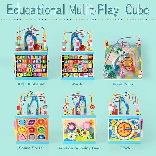 Qilay Wooden Activity Cube for Toddlers 1-3 (Large), 5 in 1 Multipurpose ABC-123 Abacus Bead Maze Shape Sorter | Early Educational Toy for Toddlers - First Birthday Present for Boys Girls thumbnail 4