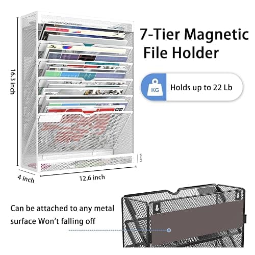 LQPAFZ 7 Tier Magnetic File Holder, No Drilling Wall File Organizer for File Cabinets Whiteboard Refrigerator,Office,Classroom, Hanging Paper Folder Holder, White thumbnail 3
