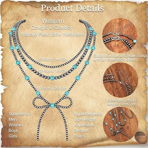 LORACOXS 3PCS Navajo Pearl Necklace for Women Western Necklaces for Women Stackable Cowgirl Navajo Pearl Bow Necklace thumbnail 2