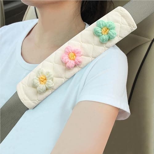 Amooca Soft Auto Seat Belt Cover Seatbelt Shoulder Pad Cushions 2 PCS for a More Comfortable Driving Universal Fit for All Cars and Backpack Off-White Knitted Flower (Green & Pink) - Image 1