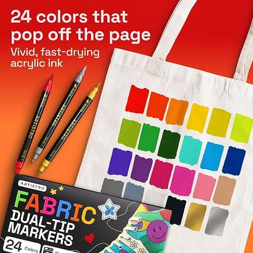 ARTISTRO 24 Dual-Tip Fabric Markers - Fabric Decorating Kit - Permanent for Clothes - Acrylic Paint Pens for Sneakers, Bags, Shoes, Textile, Canvas, Sewing, Craft, DIY - Brush and Fine Tip thumbnail 3