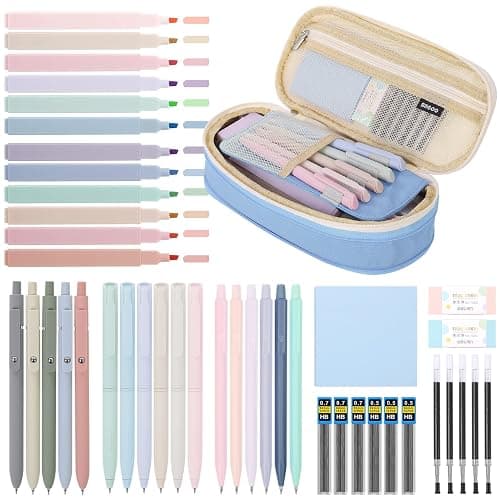 SKYDUE Cute School Supplies 44 PCS, Aesthetic Pencil Case with 12 Pastel Highlighters, 5 Black Gel Pens, 6 Color Gel Pens & Mechanical Pencils, College Essentials Students Stationary Set Blue - Image 1