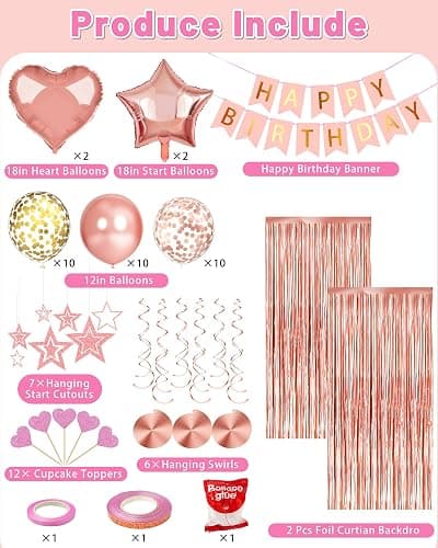 Lutoys Rose Gold Happy Birthday Party Decorations, Happy Birthday Banner, Rose Gold Foil Heart Star Confetti Balloons Curtain Backdrop Hanging Swirls Party Decor for Girls Women Princess thumbnail 4