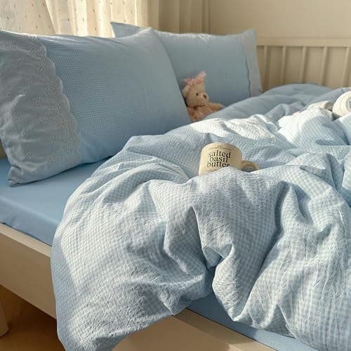 mixinni Blue Gingham Duvet Cover Full Size - 3 Piece Cottagecore Plaid Bedding Set with Lace Trim, Soft Washed Microfiber Vintage Aesthetic Grid Comforter Cover & Pillow Shams, (Blue White Gingham) thumbnail 9