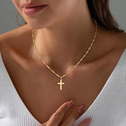 Fezodo Cross Necklace for Women Trendy - Dainty 18K Real Gold Plated Minimalist Cross Necklace Non Tarnish Waterproof Trendy Cute Simple Small Necklaces Easter Christian Religious Faith Jewelry Gifts thumbnail 2