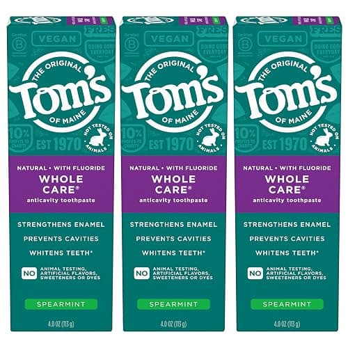 Tom's of Maine Whole Care Natural Toothpaste with Fluoride, Spearmint, 4 Ounce (Pack of 3), (Packaging May Vary) - Image 1