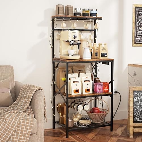 Korfile Kitchen Bakers Rack with Power Outlet, Small Coffee Bar Cart 4 Tiers, Microwave Stand Station with 8 S Hooks, Adjustable Shelf, Freestanding Kitchen Appliance Organizer, Rustic Brown thumbnail 6