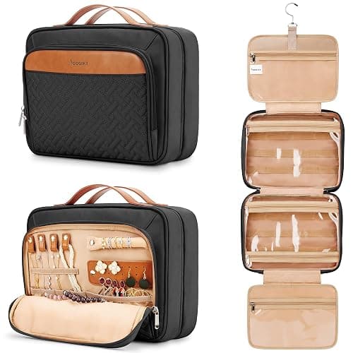 COOSKY Travel Hanging Toiletry Bag for Women, Holds Full-Size Shampoo, with Jewelry Organizer Compartment, Extra Large Makeup Bag, Waterproof Cosmetic Bag, Toiletries Kit Set with Trolley Belt, Black - Image 1