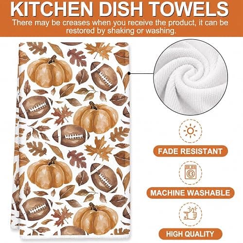 Fall Football Kitchen Towels Set of 2, Pumpkin Leaves, 18 x 26 in | Set of 2 fall kitchen towels with football, pumpkin and maple leaf designs for game day or Thanksgiving decor thumbnail 3
