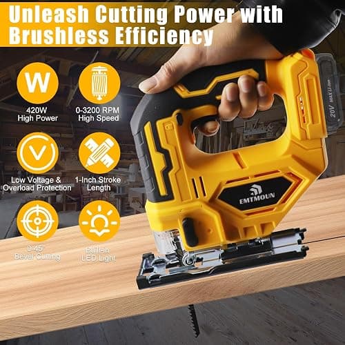 Cordless Jig Saw Compatible with Dewalt 20V Max Battery, Brushless Jigsaw For 3 Orbital Settings, 3200RPM, 0-45° Bevel Cuts, Jigsaw Tool with LED Light (Battery Not Included) thumbnail 2